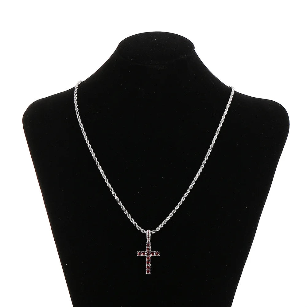 Two-Tone Iced Out Cross Pendant Red Zircon
