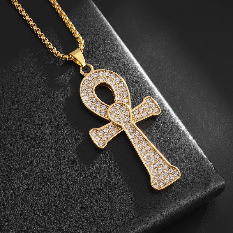 Shining Iced Out Ancient Egyptian God Eye of Horus Cross Pendant Necklace for Men and Women Hip Hop Trendy Amulet