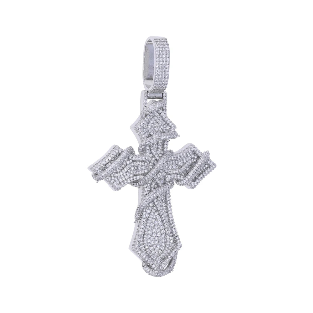 2026 New Iced Out Barbed Wire Wrapped Cross Pendant Necklace Silver Color Cubic Zirconia CZ Charm For Men Hip Hop Jewelry