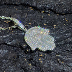 Iced Out Hamsa Hand of Fatima Pendant Necklace — Copper Alloy