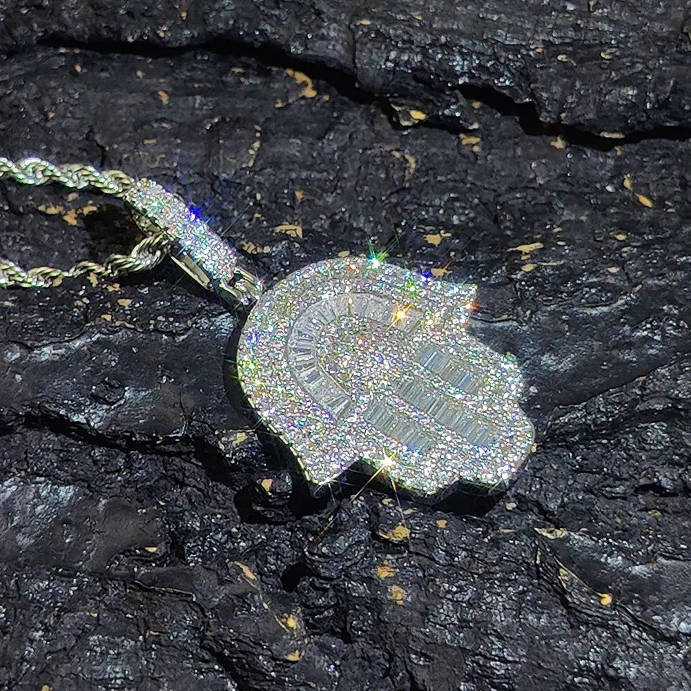 Iced Out Hamsa Hand of Fatima Pendant Necklace — Copper Alloy