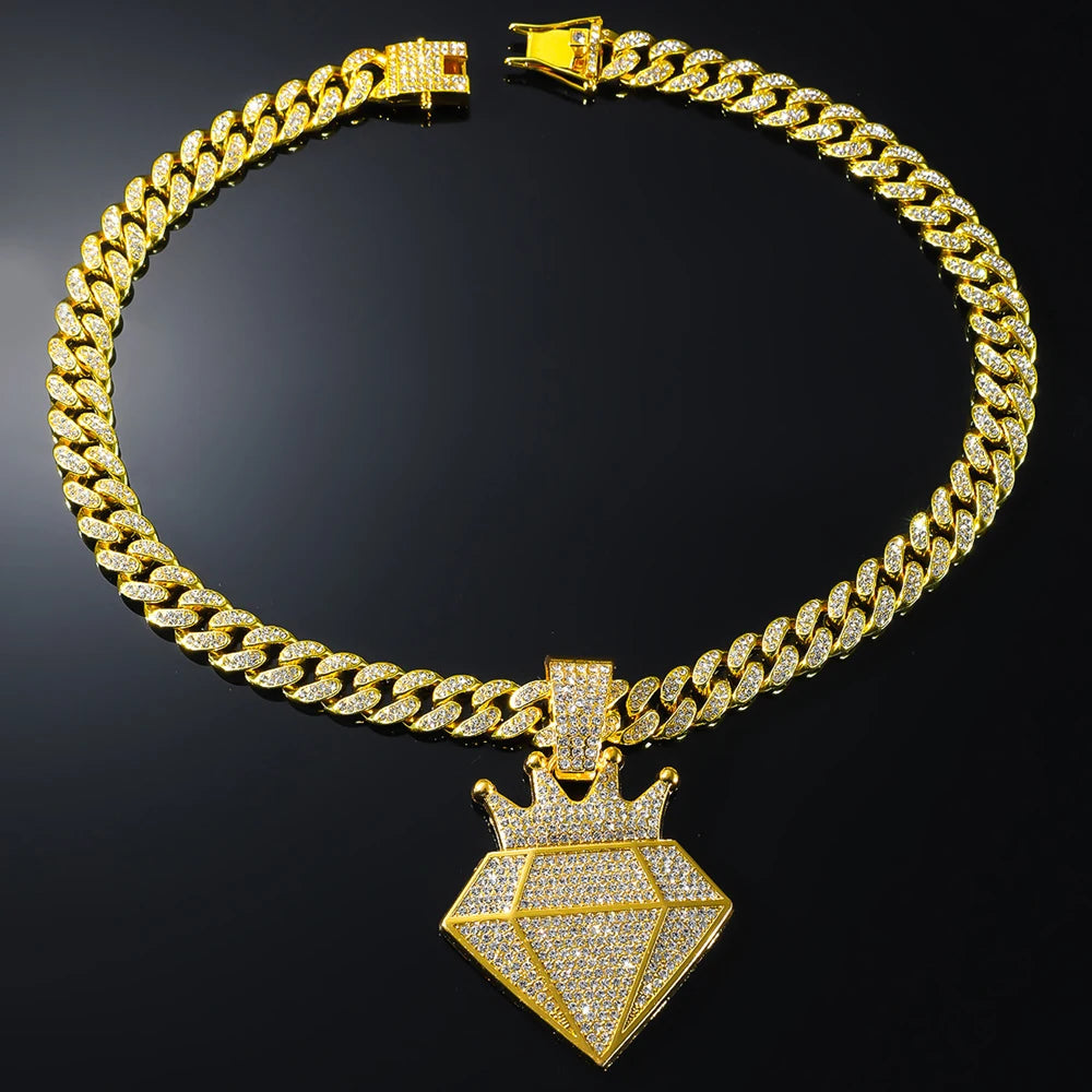 Hip Hop Iced Out Crown Pendant Necklace With 13mm Rhinestone Cuban Chain Bling Necklaces Men Women Fashion Charm