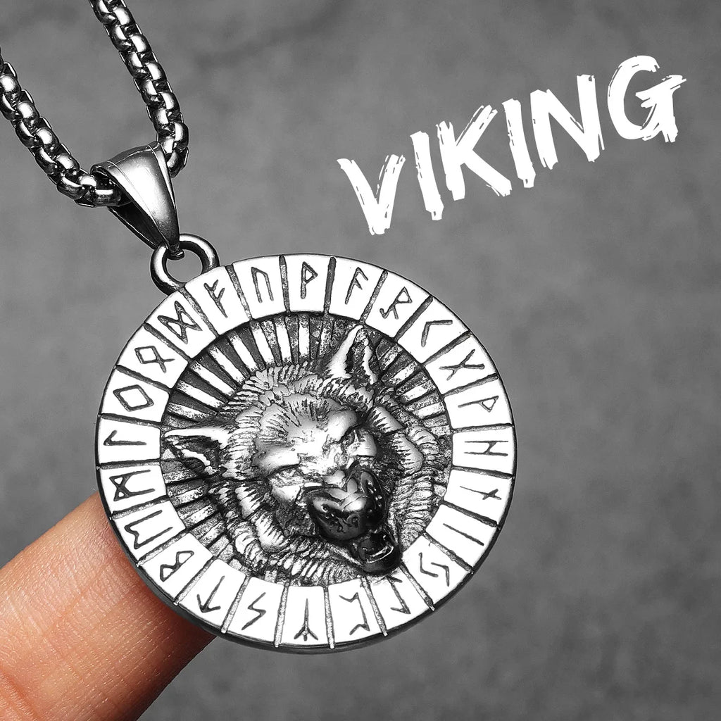 Viking Runes Wolf Pendant Necklace for Men — Stainless Steel