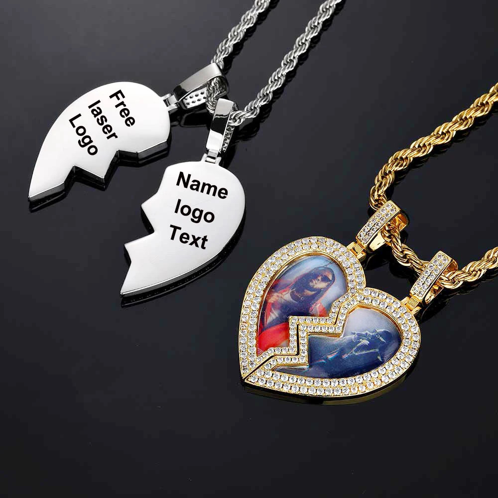 Iced Out Heart Photo Pendant Necklace