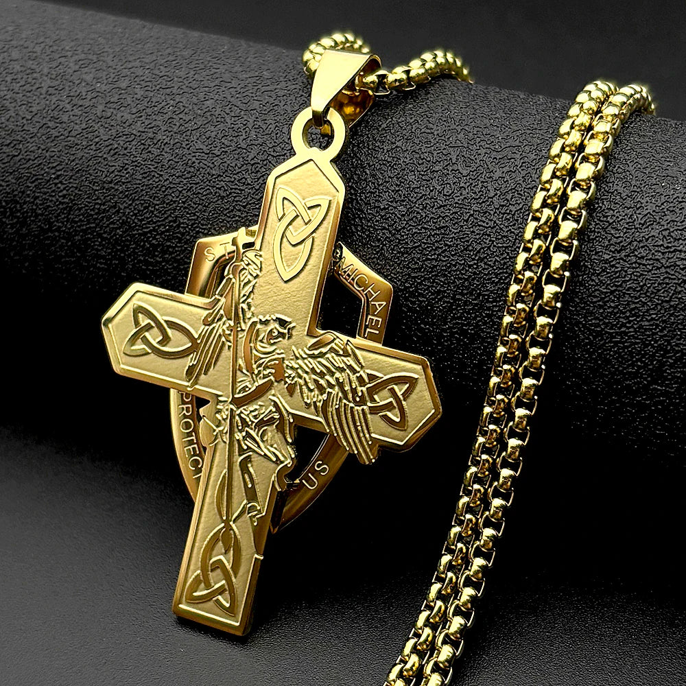 Archangel St.Michael Protect Us Shield Celtic Knot Cross Pendant Necklace Stainless Steel Saint Michael Amulet Chain