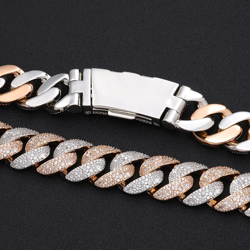 Nuoya Two Tone Mosaic Chain Full CZ Iced Out Necklace Hip Hop Men Rapper Cuban Bracelet Fashion Jewelry Gift