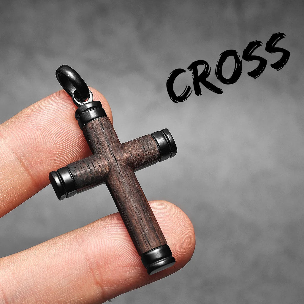 Wood Cross Pendant Necklace — Stainless Steel