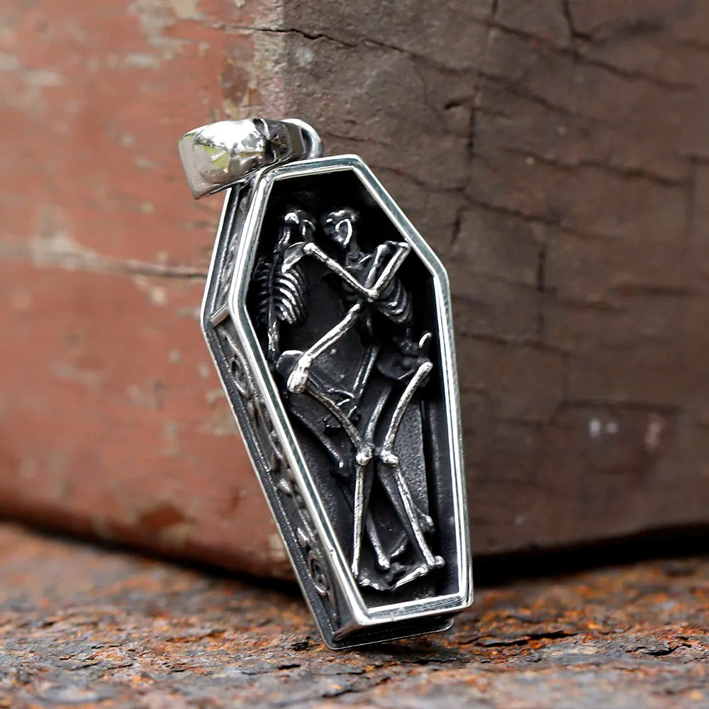 Vintage Men's Stainless Steel Steampunk Coffin Vampire Skull Skeleton Pendant Necklace Gothic Punk Biker Jewelry Gift