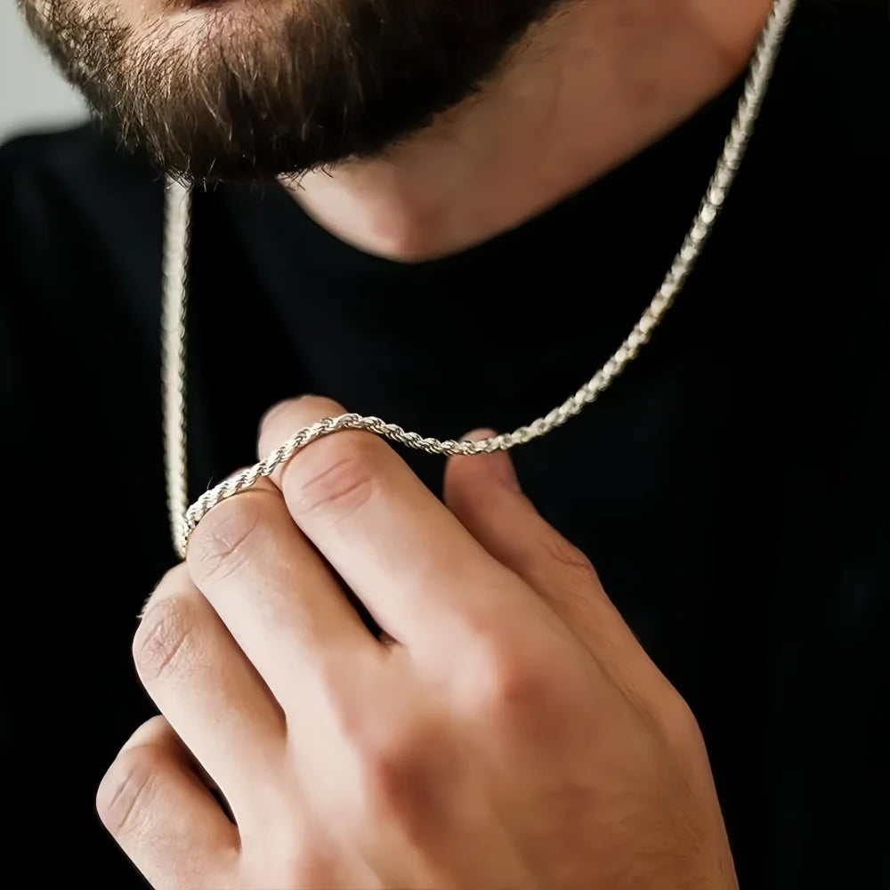 2mm Men Silver Color Twisted Twist Chain Necklace Simple Titanium Steel Choker Fashionable Non-fading Stainless Steel