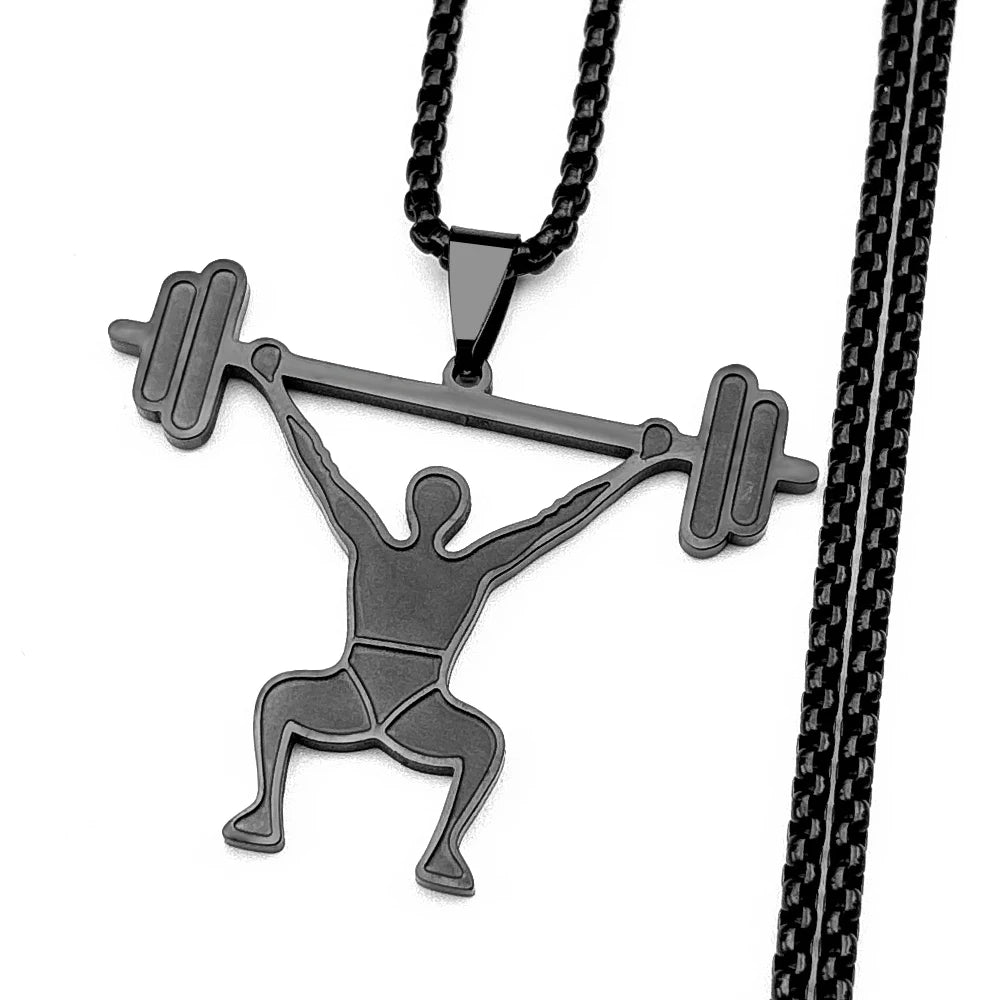 Gym Fitness Squat Weightlifter Barbell Pendant Necklace For Men Stainless Steel Male Sports Theme Hiphop Chain Jewelry