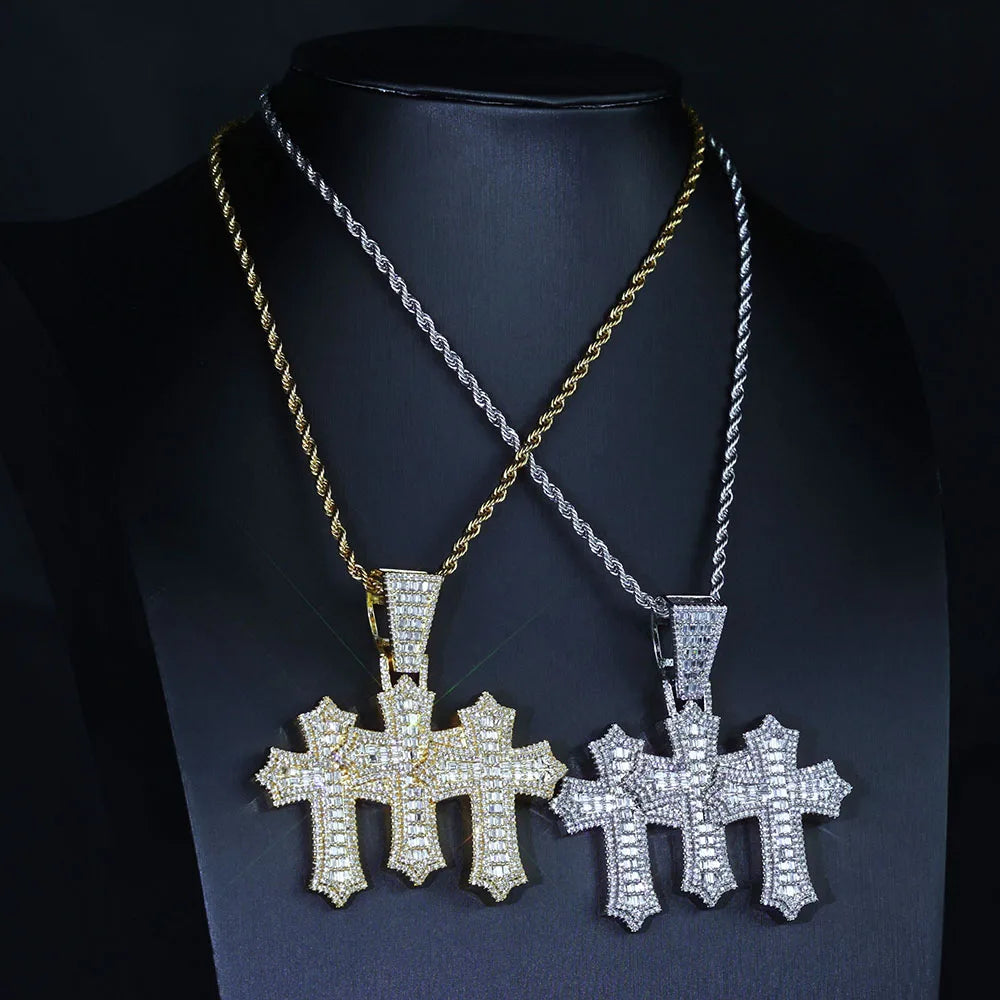 Two-Tone Cross Pendant Baguette Iced Out