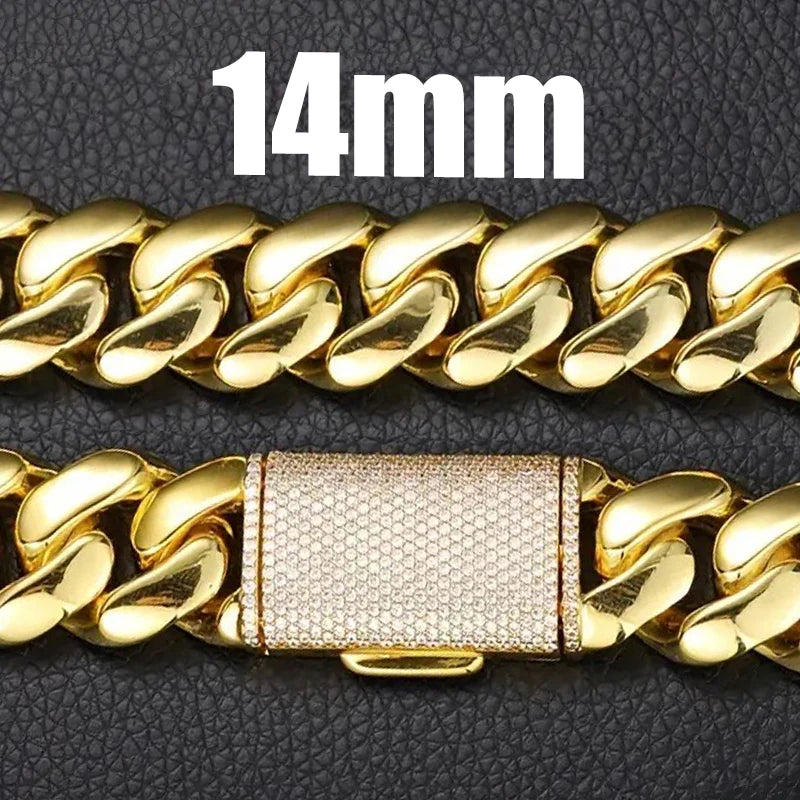 8-14mm Hip Hop Bling Iced Out 18k Gold-plated Stainless Steel Dense Cuban Miami Link Chain Necklaces for Unisex Rapper