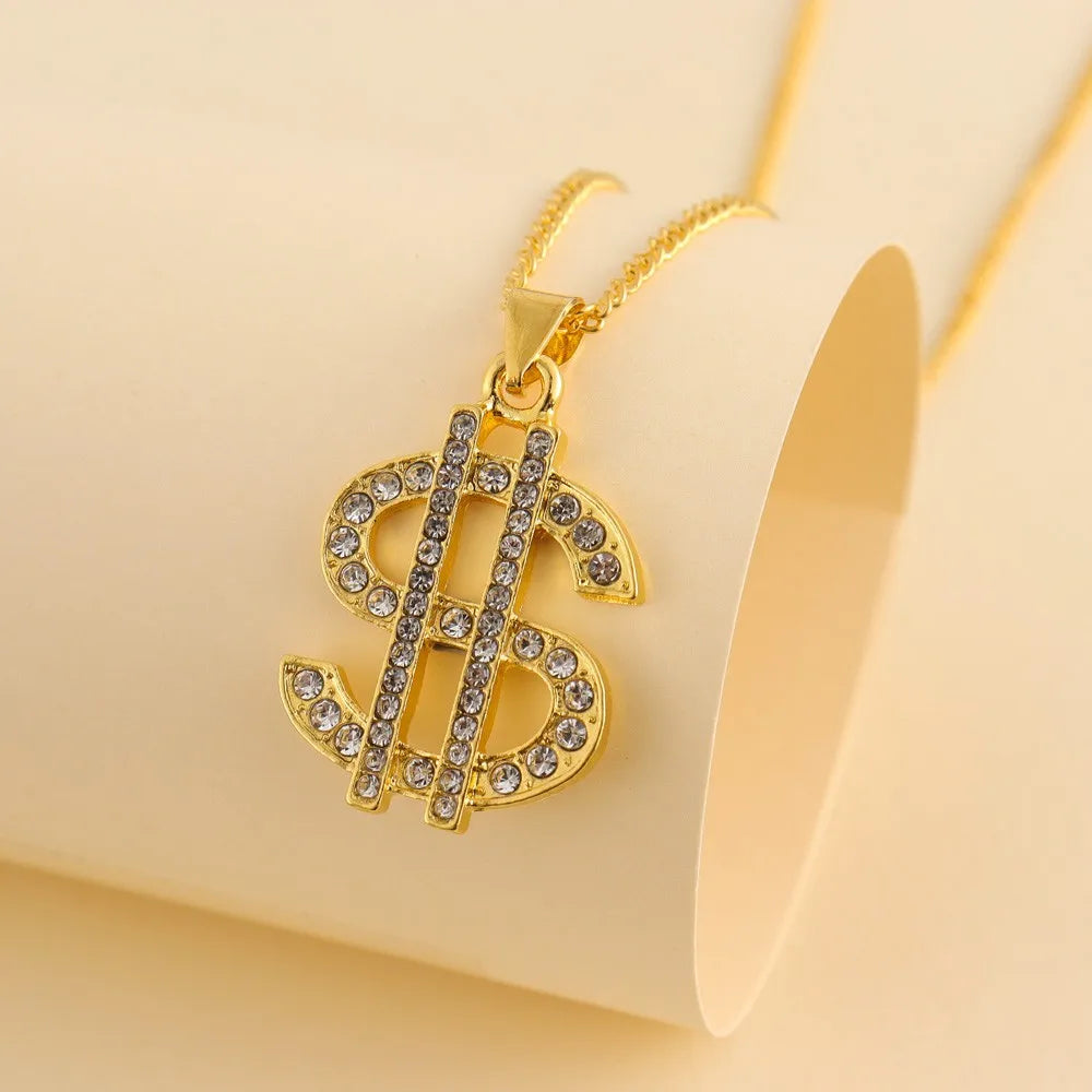 Dollar Sign Coin Pendant Necklace — Gold-Tone