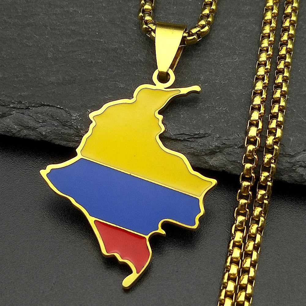 Colombia Map Flag Pendant Necklace For Women Men Stainless Steel Gold Color South America Country Nation Art Male Jewelry Gifts