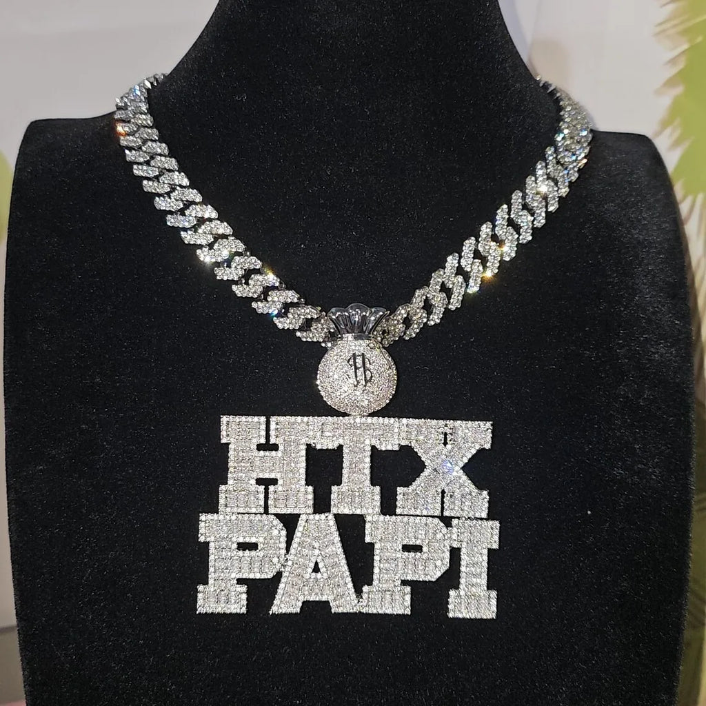 THE BLING KING Custom Money Bag Bail Varsity Letter Pendant With 12mm Cuban Chain Personalized Nameplate Necklace