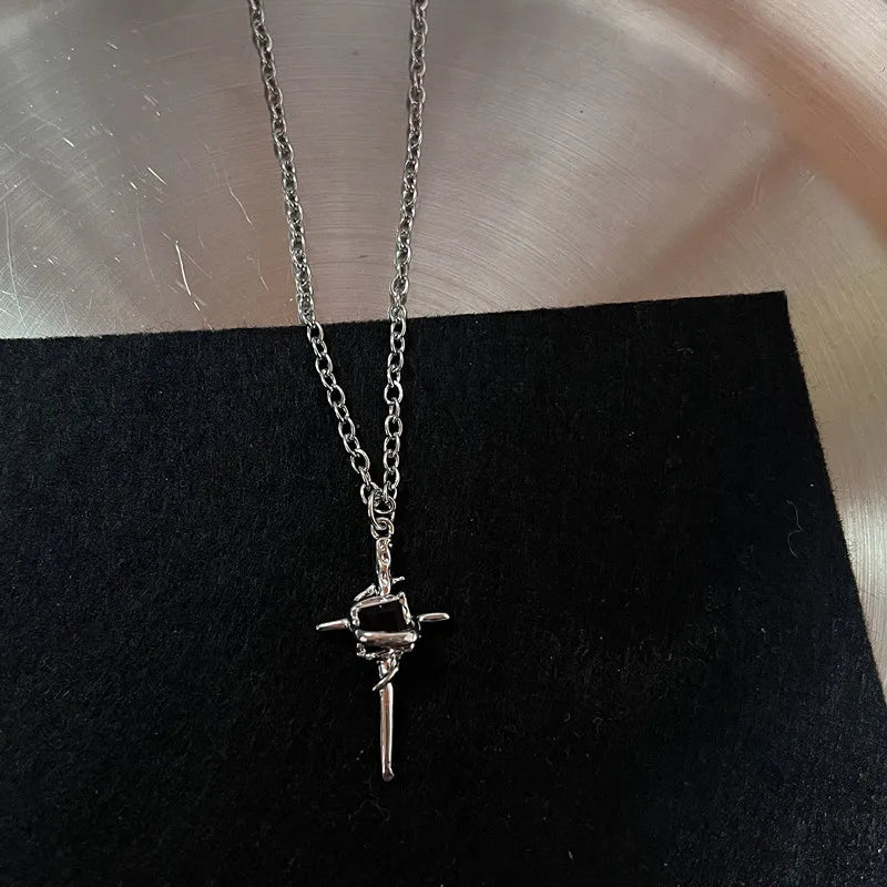 Silver Black Cross Pendant Necklace Vintage Carved