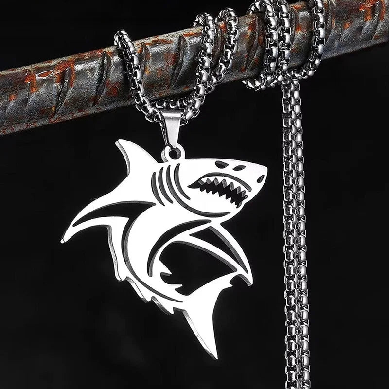 Hip Hop Silver Color Great White Shark Pendant Necklace For Men Stainless Steel Jewelry Gifts