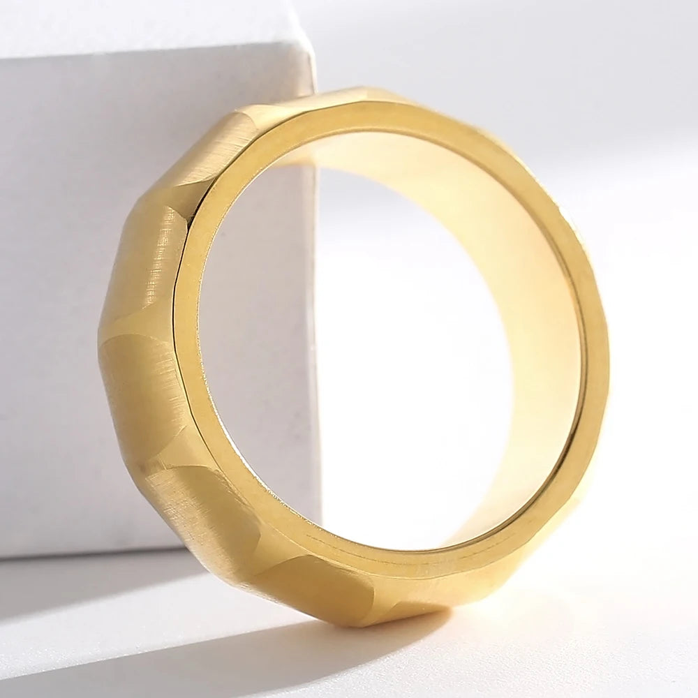 Waterproof Vacuum Plated Gold Color Stainless Steel Men's Ring 7mm Width Brushed Finished with Inner Curve Design Rings
