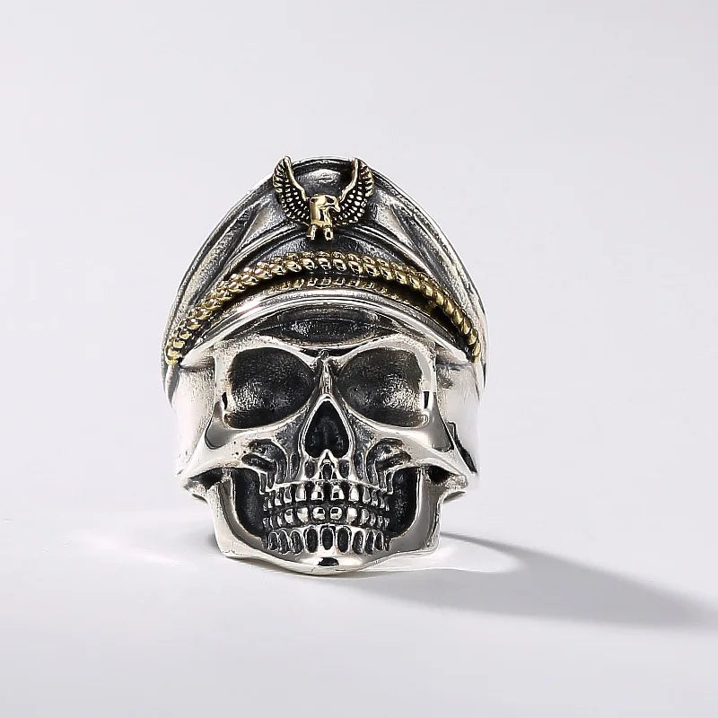 Retro Colored Navy Officer Skull Ring For Men Punk Gothic Rock Hiphop Open Ring Biker Accessories Handmade Jewelry