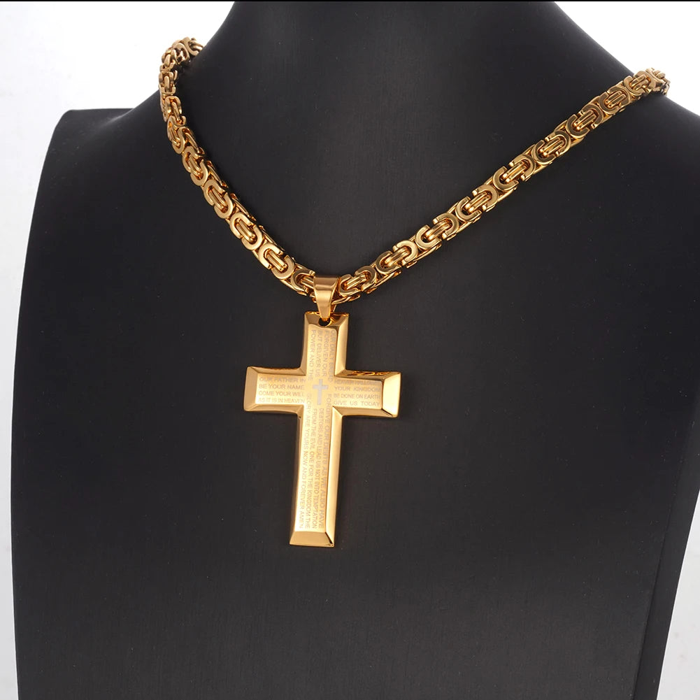 Bible Cross Pendant Necklace Byzantine Chain — Stainless Steel