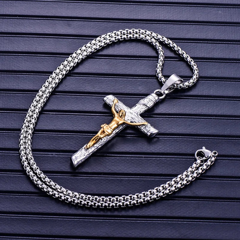 Stainless Steel Titanium Cross Jesus Christ Human Pendant Hip Hop Collar Chain Necklace for Women Men Gift Fashion Jewel