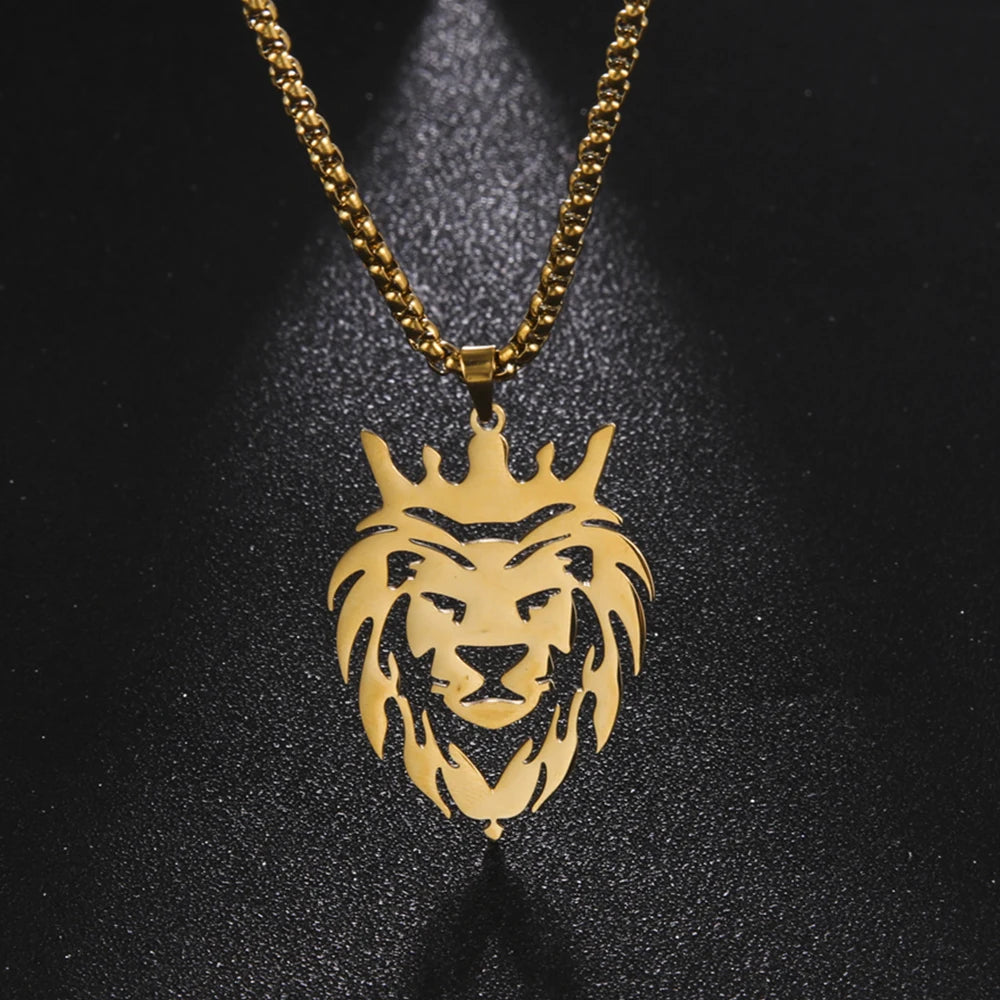 My Shape Lion King Crown Pendent Necklaces for Men Boys Stainless Steel Punk Animal Wolf Charms Choker Chains Hip Hop