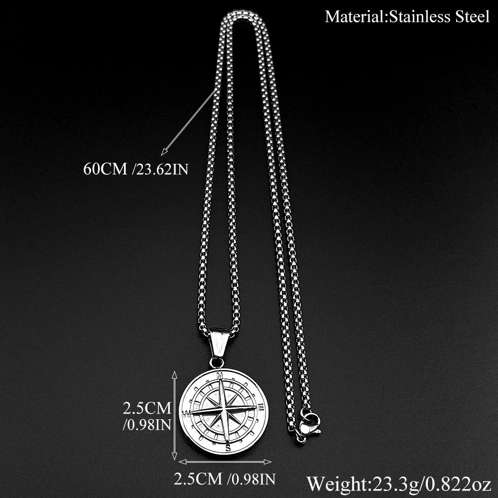 Compass Round Pendant Necklace Silver Color Stainless Steel Travel Adventure Gift Men Daily Street Casual Wear Chain Jewelry