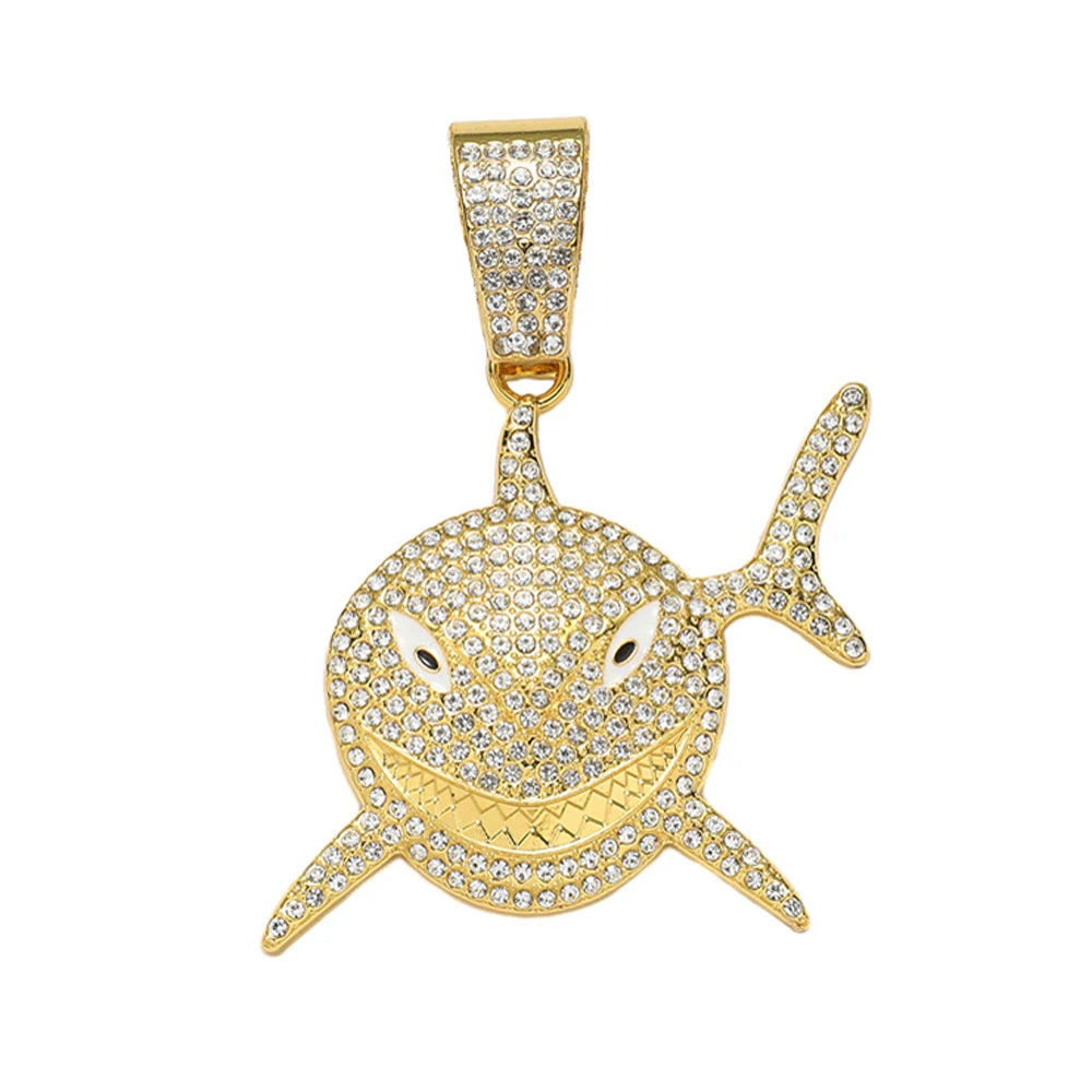 Big Size Shark Pendant Necklace For Men Hip Hop Bling Jewelry With 13mm Iced Out Rhinestone Miami Cuban Chain Fashion