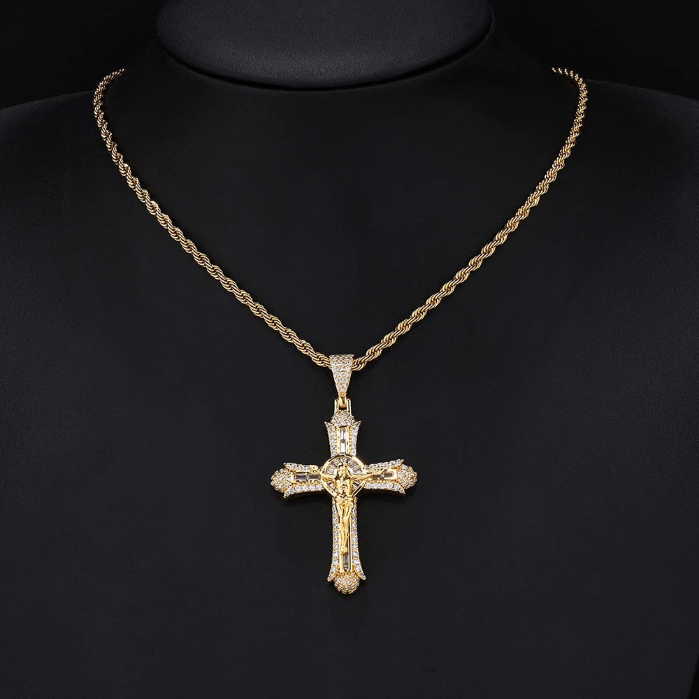 Iced Out Jesus Crucifix Pendant Necklace Chain Set — Two-Tone