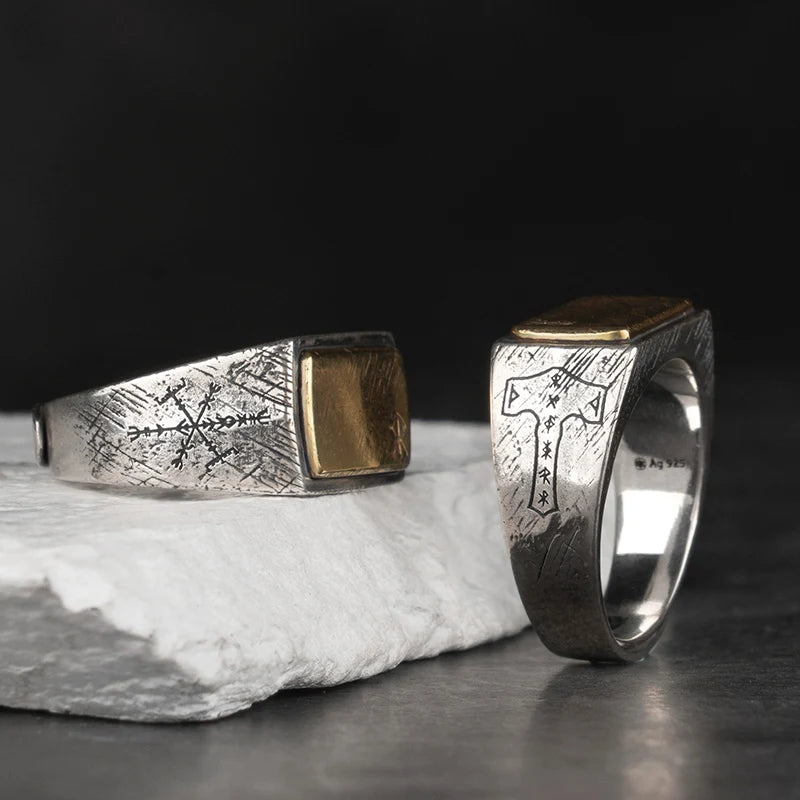 Nordic Hammer Ring Silver Inlaid Copper Viking Rune Silver Jewelry