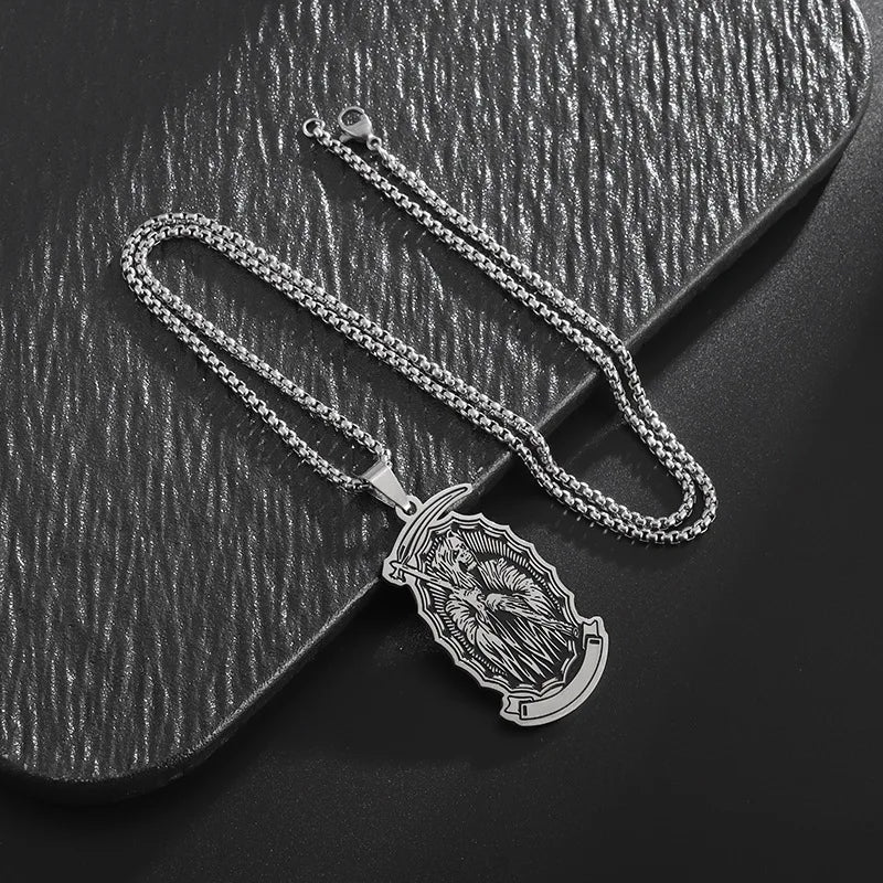 Retro Punk Stainless Steel Holy Death Skull Scythe Pendant Necklace for Men  Gothic Jewelry Halloween Gifts