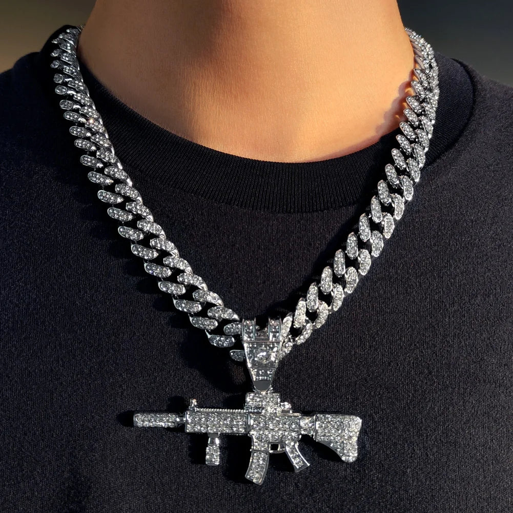 Men Women 14MM Cuban Chain AK47 Gun Pendant Necklace Iced Out AAA Rhinestone Prong Miami Cuban Link Chain Hip Hop