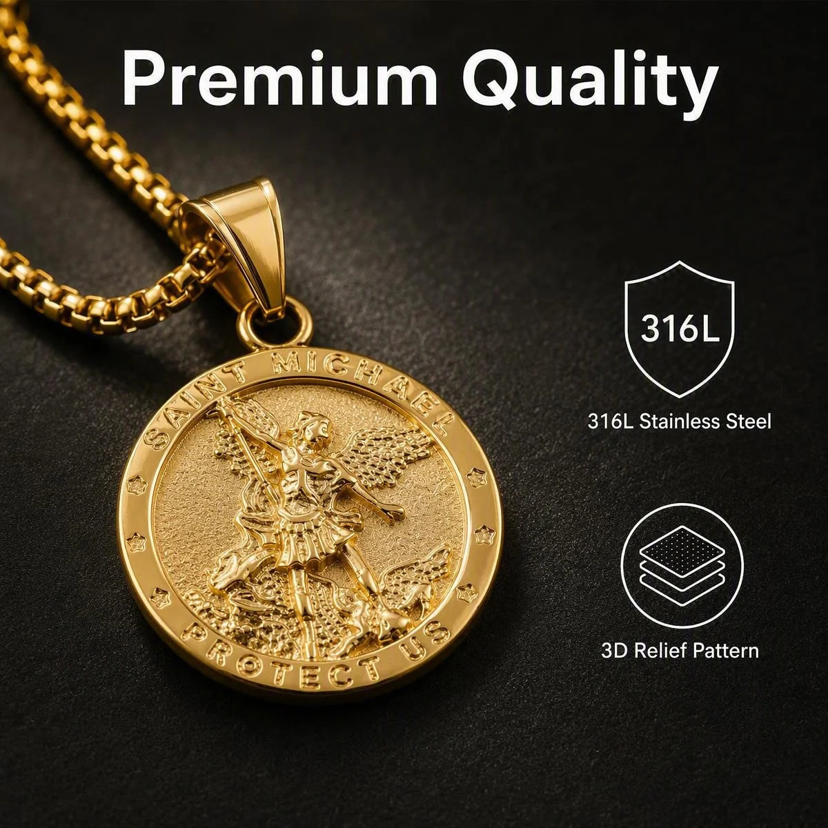 St. Michael Embossed Round Pendant Necklace — Stainless Steel