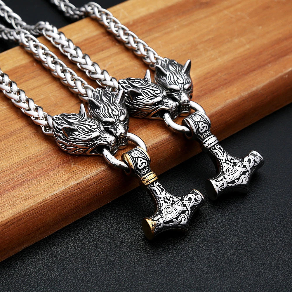 Wolf Thor Hammer Steel Pendant Vintage 316L Thor's