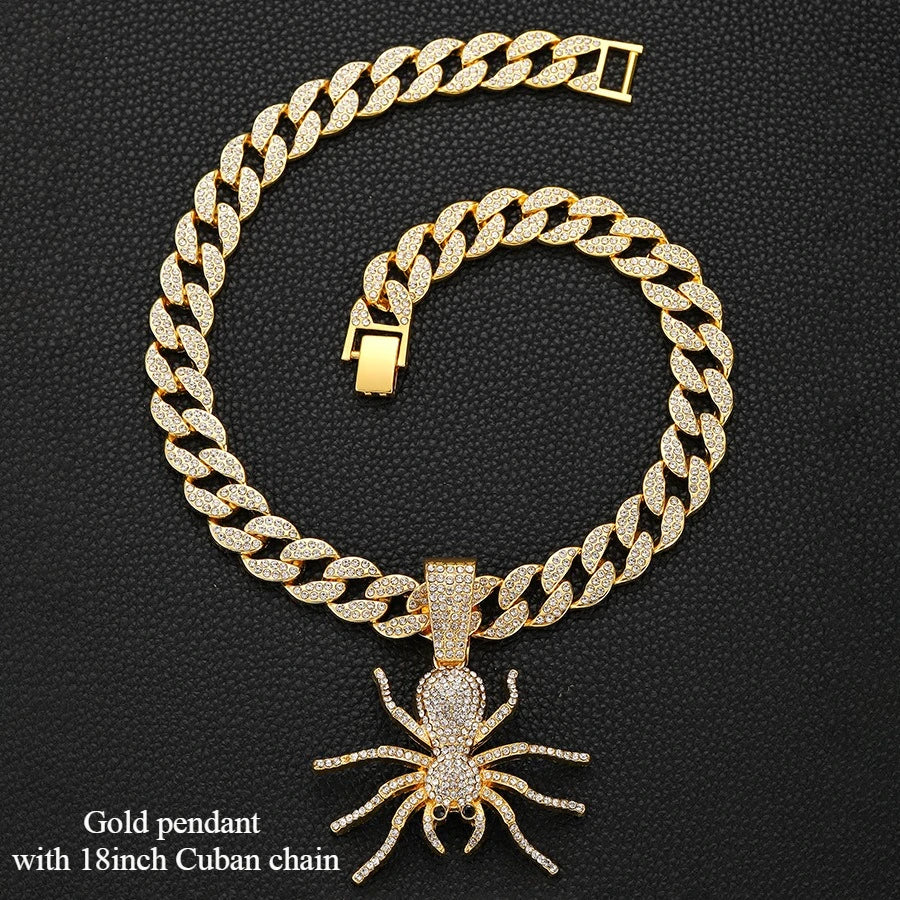 Bold Hip Hop Cuban Chain Necklace with Spider Pendant – Trendy Men's Gothic Jewelry, Punk Streetwear Accessory