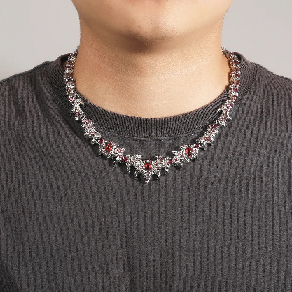 UWIN Iced Out Silver Color Red Eyes Chain Necklaces for Women Men Thrilled Claws Cubic Zirconia Hip Hop Jewelry for Gift