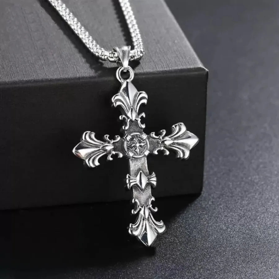 Fashion Stainless Steel Jewelry Set for Men Unisex Vintage Silver Color Cross Pendant Necklace, Bracelet Sets Punk