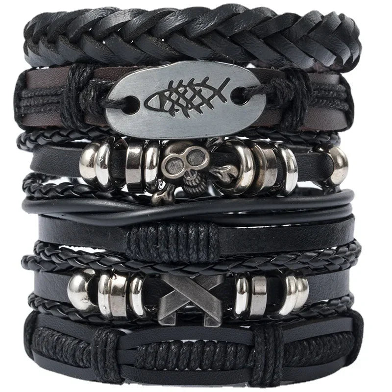 4/5/6pcs Evil Eye Wing Star Skull Diy Braided Punk Style Bracelet Set, Featuring Pu Leather And Beads Bracelet
