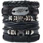 4/5/6pcs Evil Eye Wing Star Skull Diy Braided Punk Style Bracelet Set, Featuring Pu Leather And Beads Bracelet
