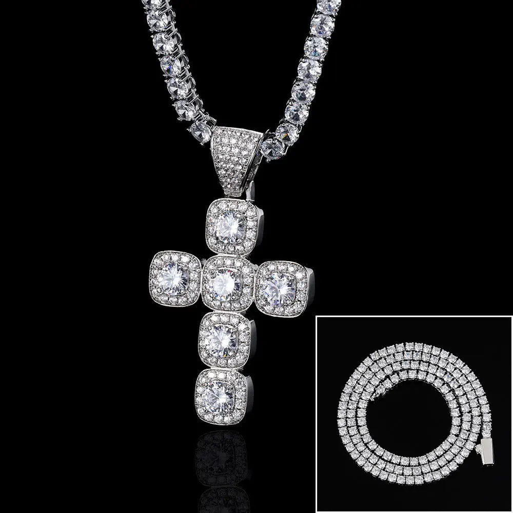 Iced Out Tennis Cross Pendant Necklace