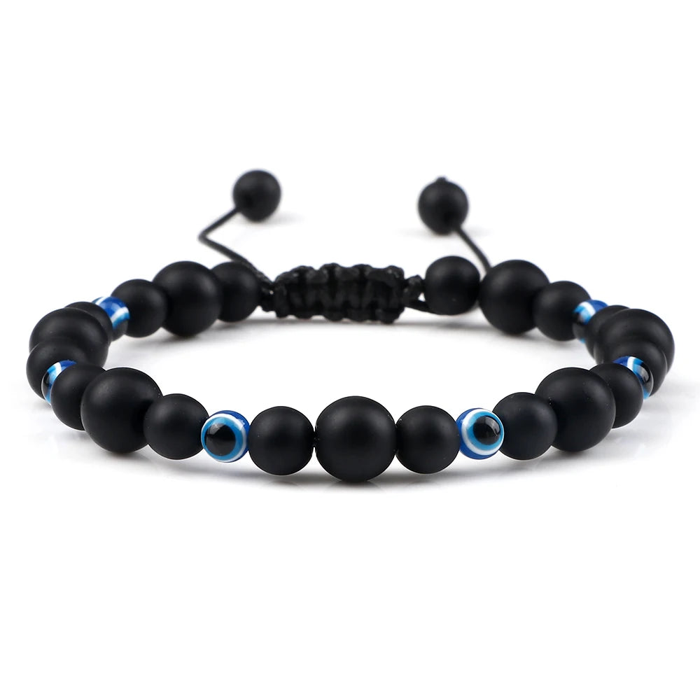 6 8mm Natural Stone Beads Bracelet for Women Men Blue Turkish Evil Eye Braided Chain Bangle Lucky Couple Jewelry Gift