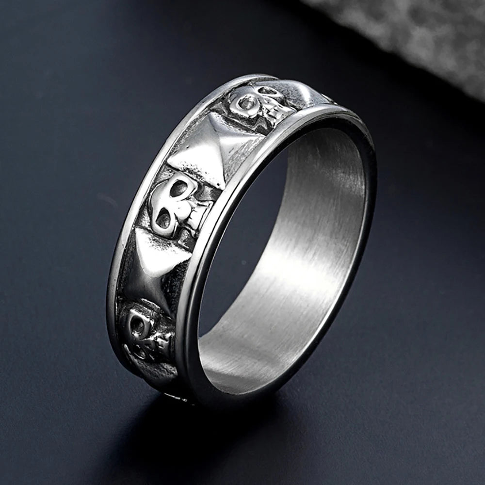 316 Stainless Steel Full-Wrap Skull Ring 7mm/12mm Wide Heavy Retro Gothic Punk Band 3D Carved Skeleton Biker Jewelry for Men