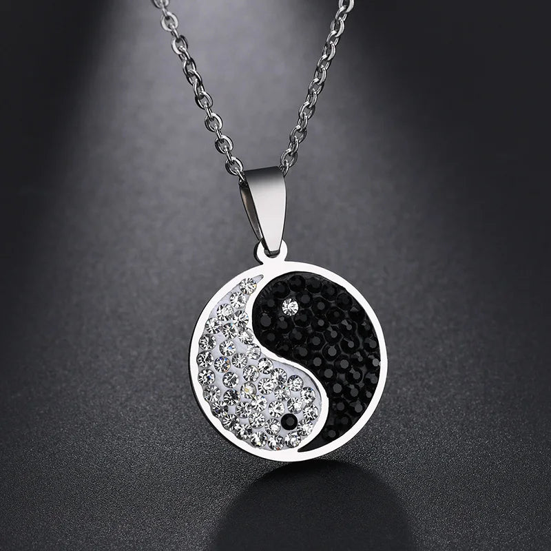 Trendy Black White Zircon Yin Yang Tai Chi Bagua Necklace For Women Men Stainless Steel Circle Pendant Jewelry Gifts