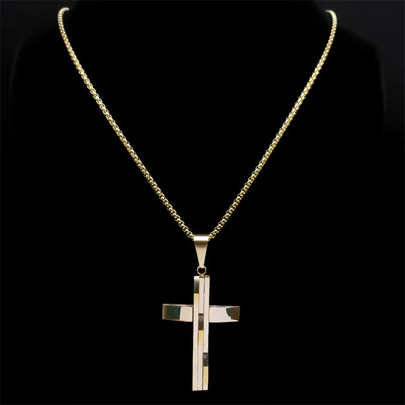 Male Punk Cross Pendant Necklace for Women Men Stainless Steel Gold Color Jesus Chain Biker Boyfriend Gift Jewelry