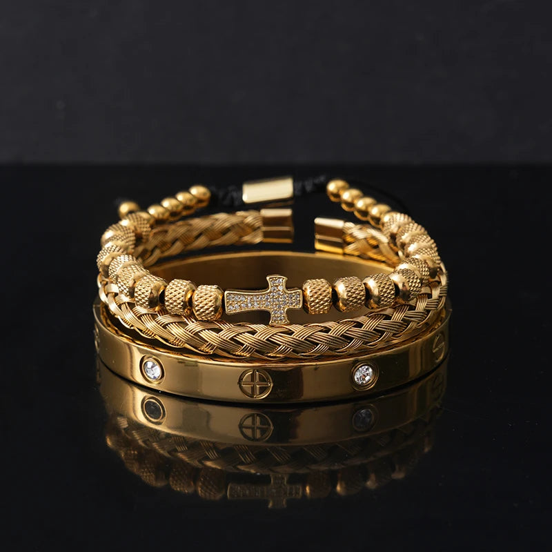 Luxury Stainless Steel Beads Cross Charms Man Bracelet CZ Bangles Women Jewelry Set Gift
