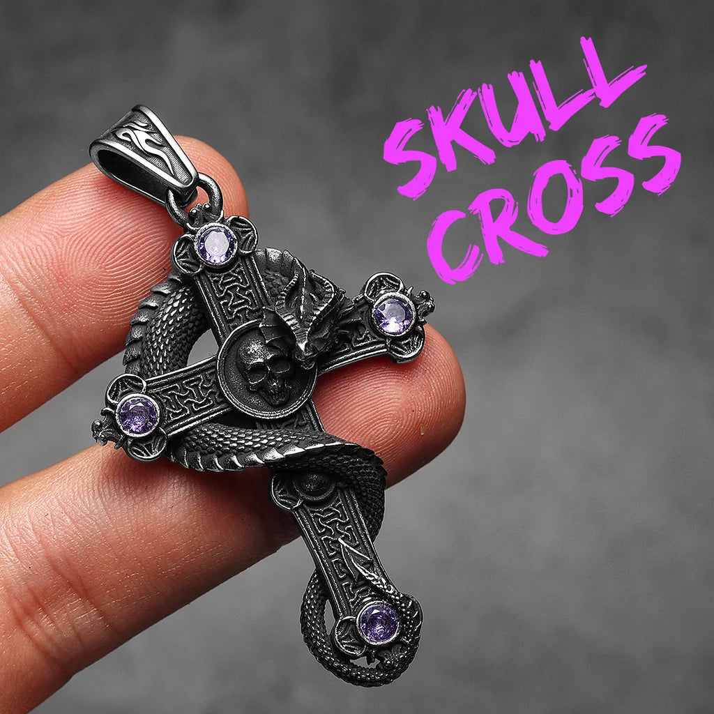 Skull Dragon Cross Pendant Necklace — Steel