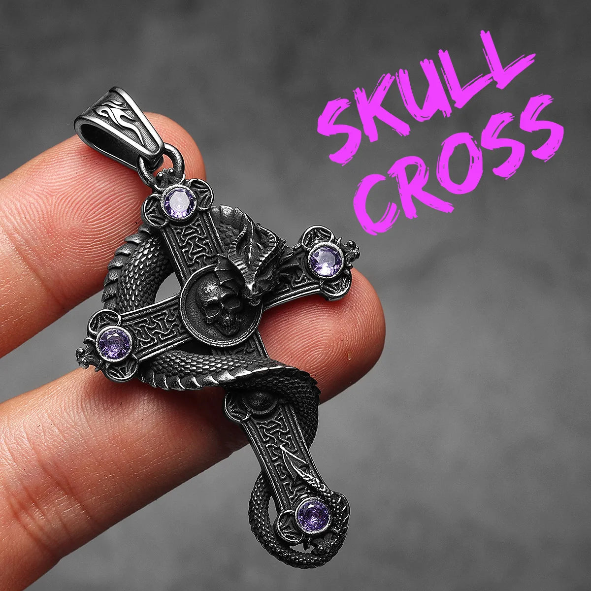 Skull Dragon Cross Pendant Necklace — Steel