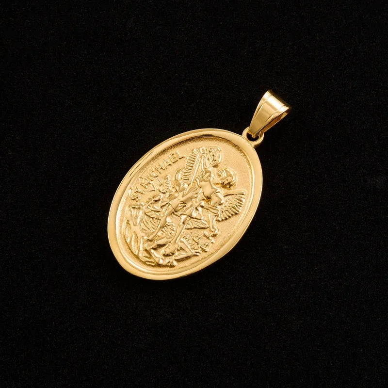 Catholic Saint Michael Round Pendant — Gold-Tone Metal
