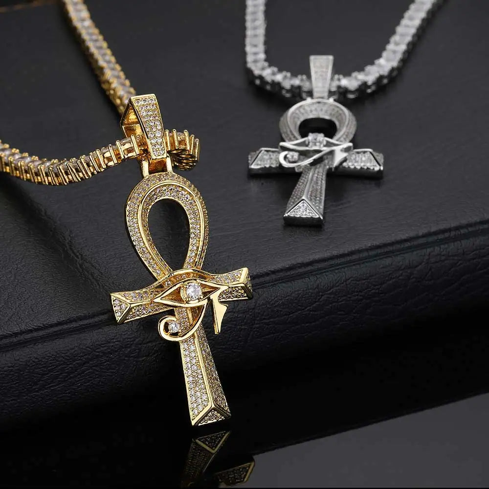 Gold Cross Ankh Pendant Necklace Iced Out 18K