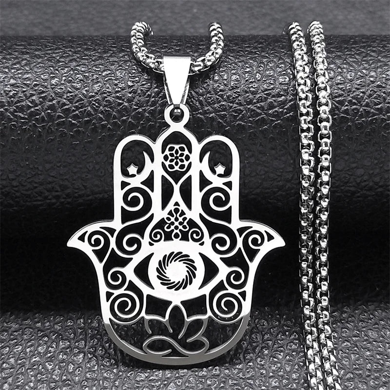 Hollow Fatima Hamsa Hand Pendants Necklace Stainless Steel Gold Color Luck Hand Palm Blue Turkey Eye Necklacse Jewelry Collares